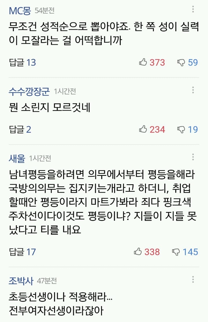 국가: 공무원성비 맞춥시다/남자: 헤엑 한쪽 성 실력이 떨어지는데? 성적순으로 해주세욧! | 인스티즈
